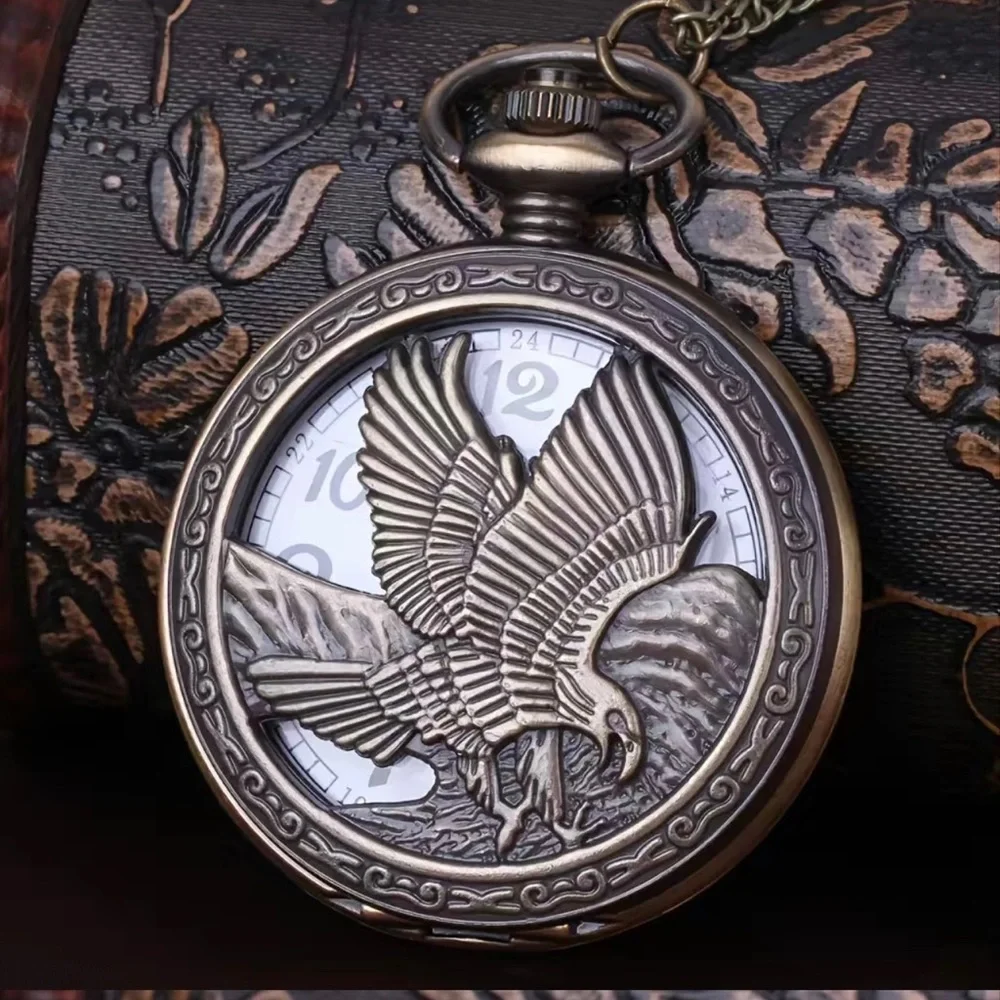 Eagle Wings Retro Nostalgic Hollow Necklace Pocket Watch,Antique Bronze